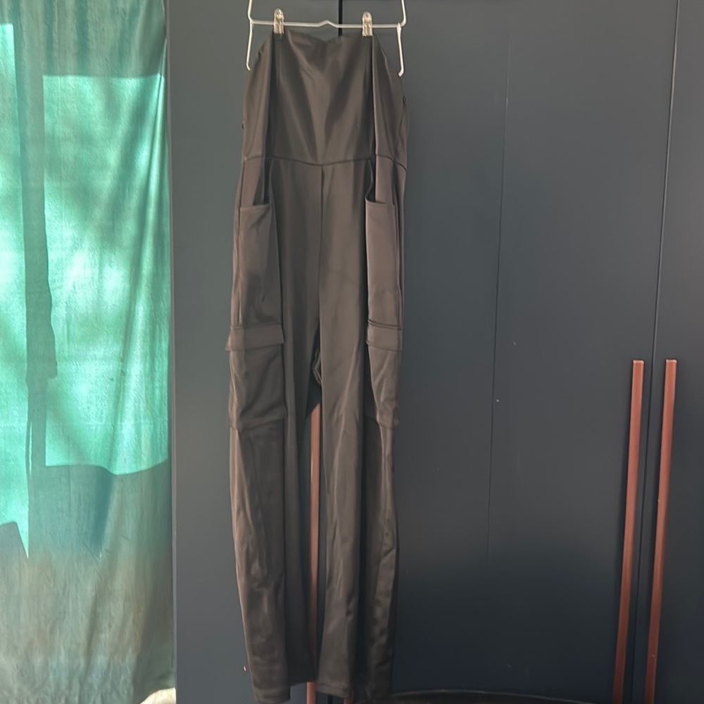 Black satin jump suit, strapless with cargo pockets (and normal pockets!)